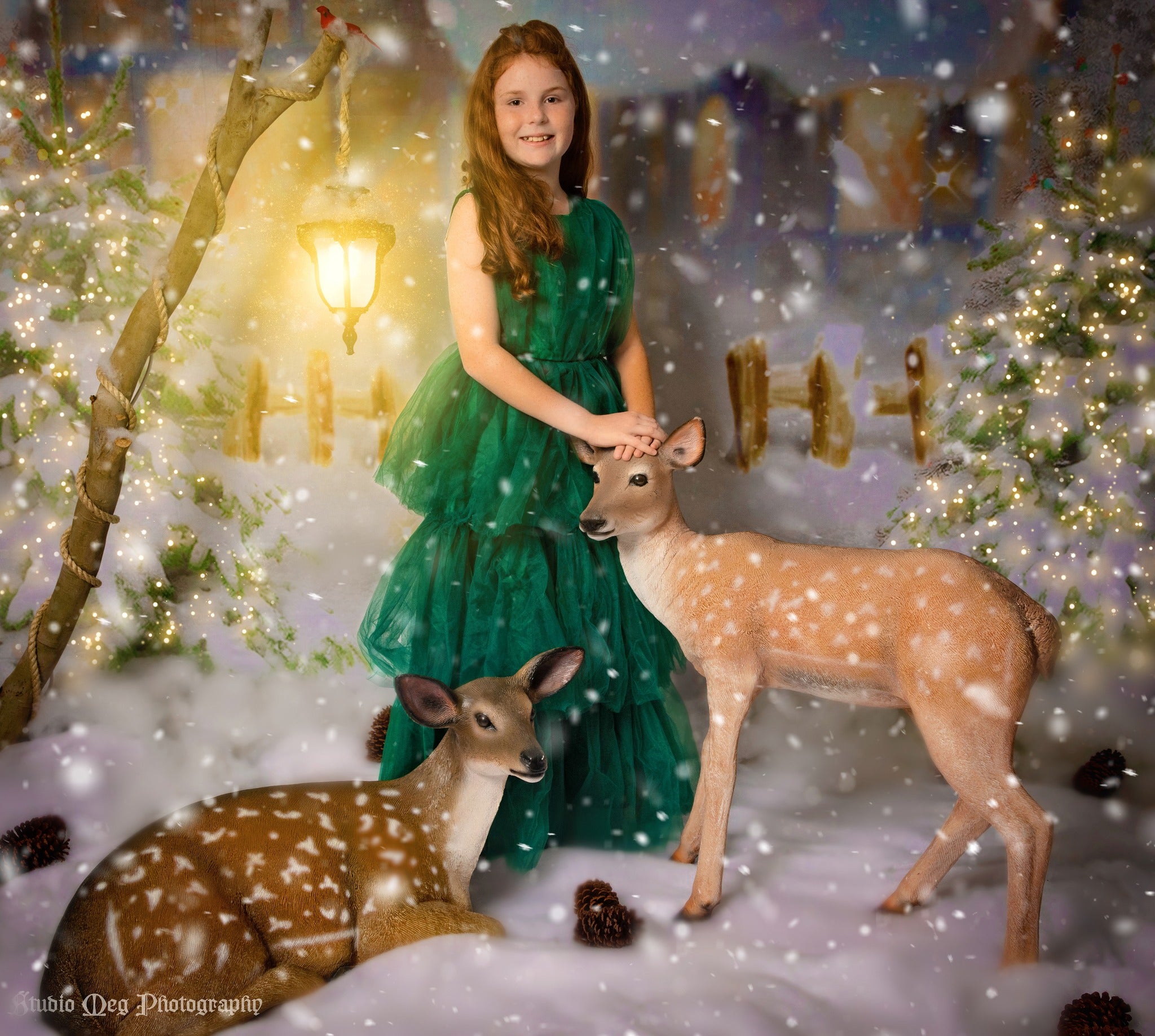 Kate Winter Backdrop Heavy Snow Cabin Christmas Tree Light for Photography
