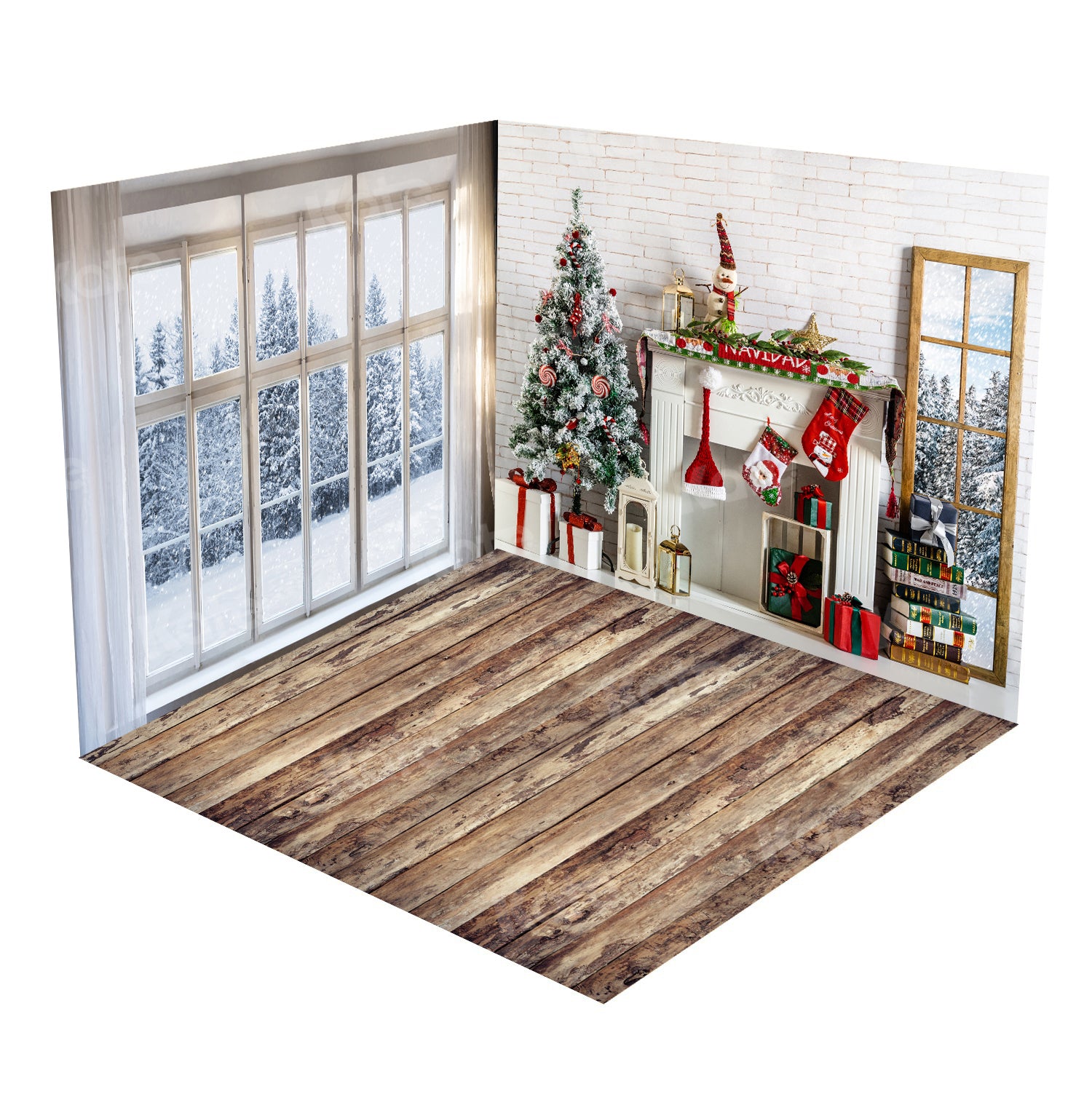 Kate Window Snow Christmas Tree  Fireplace Room Set(8ftx8ft&10ftx8ft&8ftx10ft)