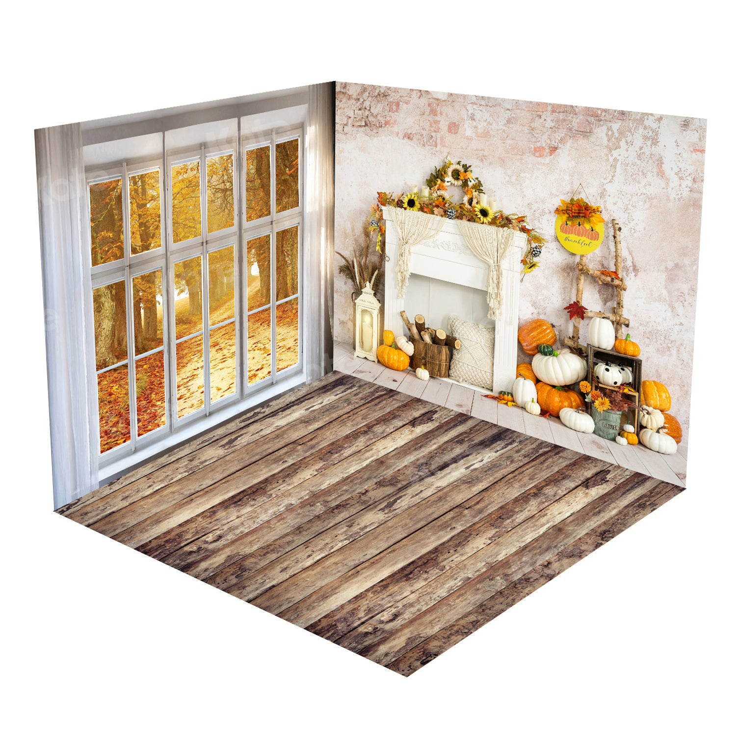 Kate Autumn Window Fireplace pumpkin Wood Room Set(8ftx8ft&10ftx8ft&8ftx10ft) - Kate Backdrop AU