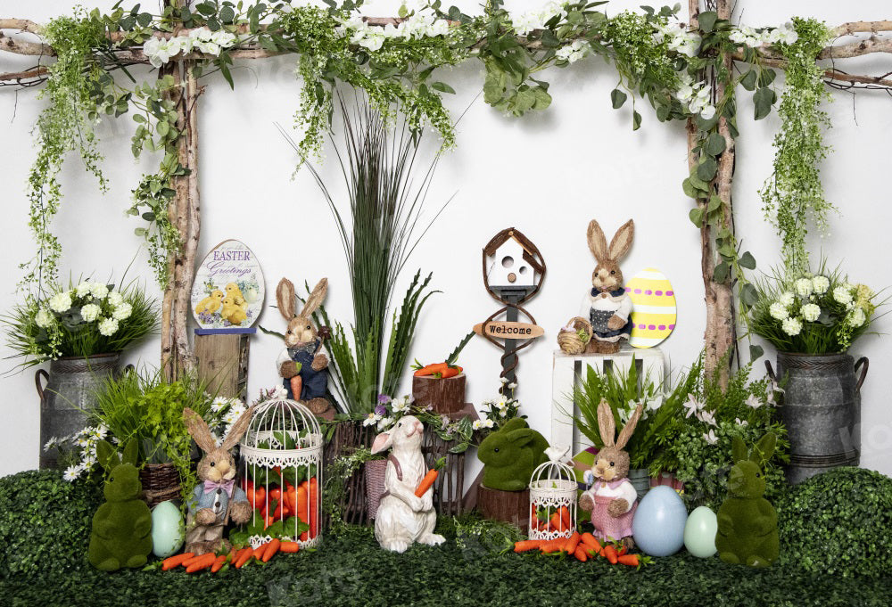 LONSALE Kate Easter Bunny Backdrop Spring Green Plants for Photography