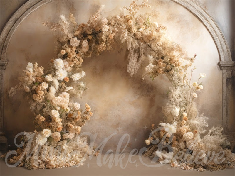 Kate Painterly Fine Art Floral  Backdrop Luxury Flower Arch on Beige Wall Communion Designed by Mini MakeBelieve - Kate Backdrop AU