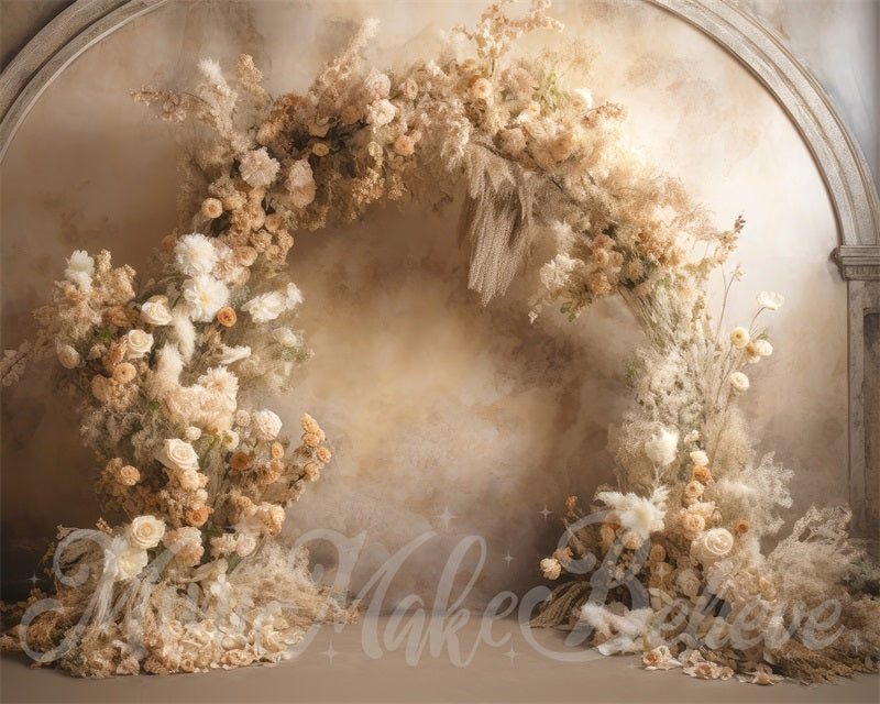 Kate Painterly Fine Art Floral  Backdrop Luxury Flower Arch on Beige Wall Communion Designed by Mini MakeBelieve - Kate Backdrop AU