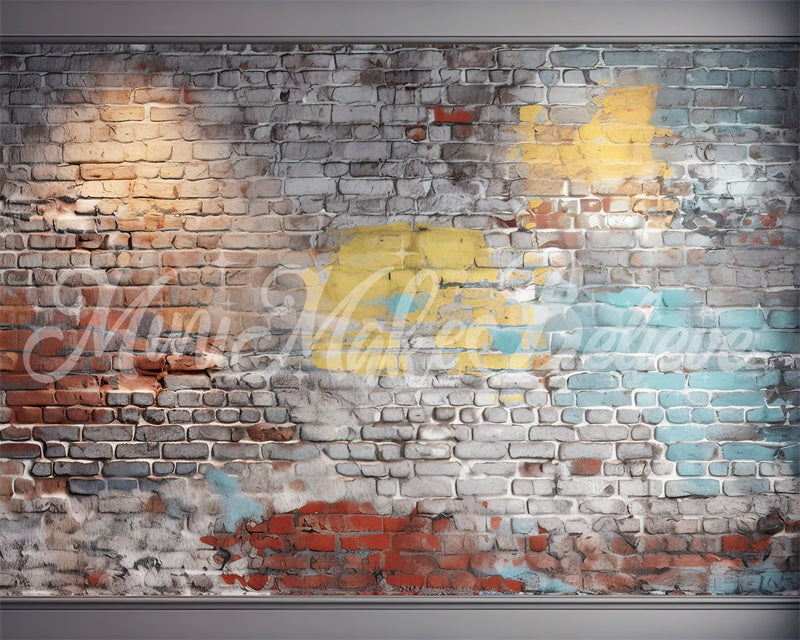 Kate Painterly Blue and Yellow Brick Wall Boy Cakesmash Birthday Backdrop Designed by Mini MakeBelieve - Kate Backdrop AU