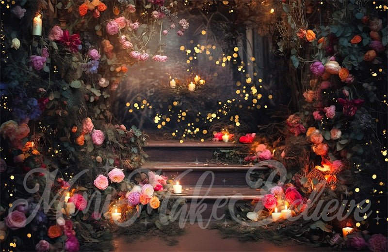 Kate Fine Art Forest Floral Backdrop Fairy Lights on Stairs Designed by Mini MakeBelieve