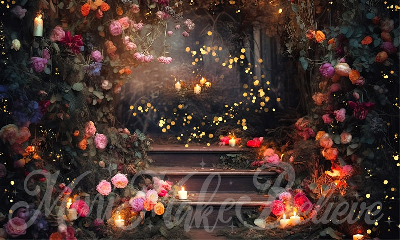 Kate Fine Art Forest Floral Backdrop Fairy Lights on Stairs Designed by Mini MakeBelieve