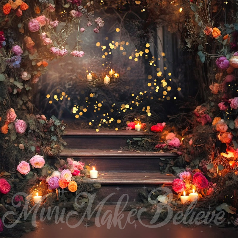 Kate Fine Art Forest Floral Backdrop Fairy Lights on Stairs Designed by Mini MakeBelieve