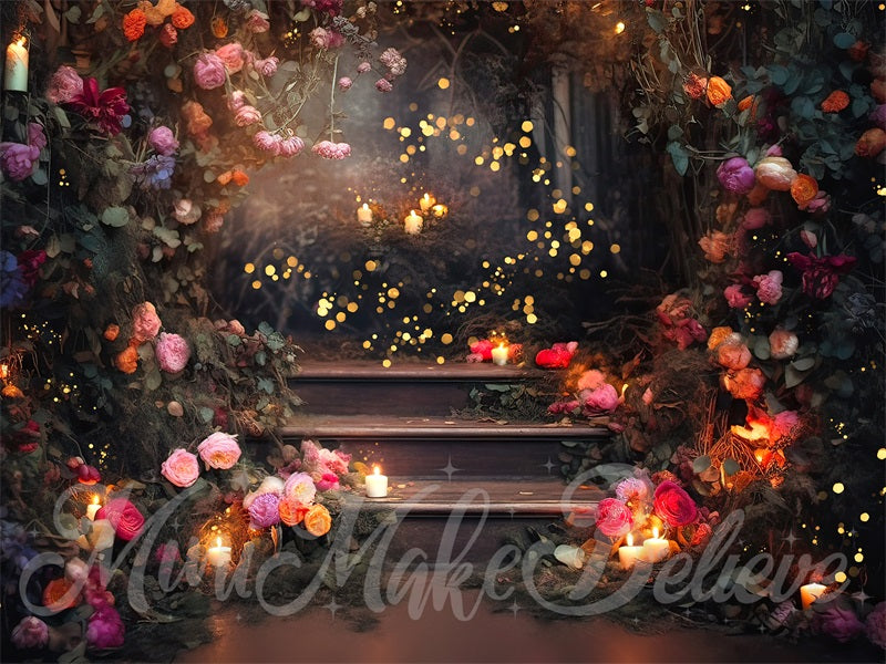 Kate Fine Art Forest Floral Backdrop Fairy Lights on Stairs Designed by Mini MakeBelieve