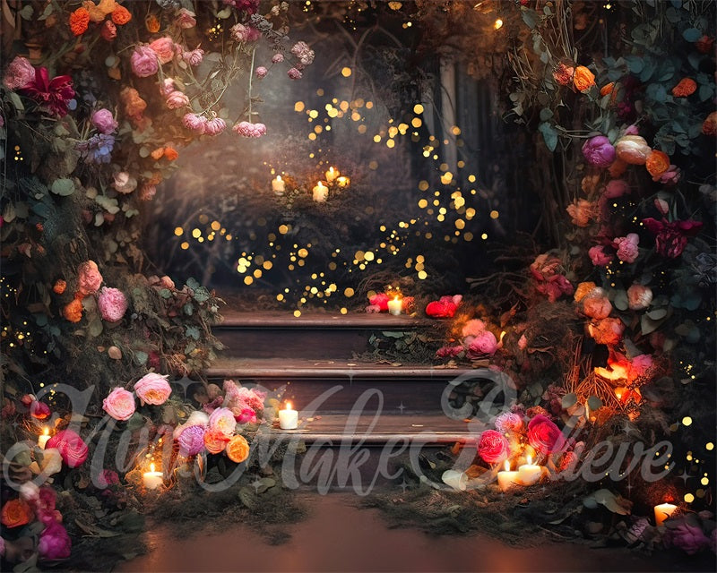 Kate Fine Art Forest Floral Backdrop Fairy Lights on Stairs Designed by Mini MakeBelieve