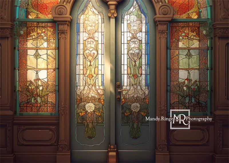 Kate Retro Church Door Backdrop Arched Stained Glass Designed by Mandy Ringe Photography - Kate Backdrop AU