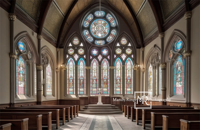 Kate Church Interior Stained Glass Backdrop Windows Designed by Mandy Ringe Photography