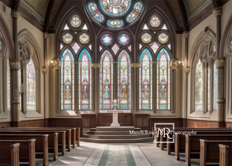 Kate Church Interior Stained Glass Backdrop Windows Designed by Mandy Ringe Photography