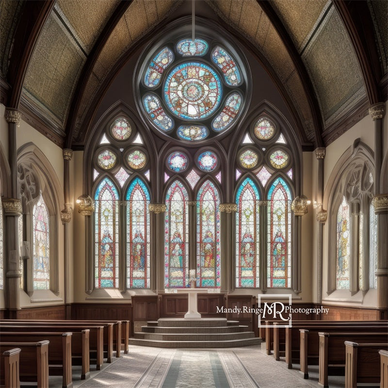 Kate Church Interior Stained Glass Backdrop Windows Designed by Mandy Ringe Photography
