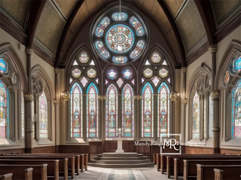 Kate Church Interior Stained Glass Backdrop Windows Designed by Mandy Ringe Photography
