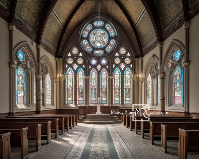 Kate Church Interior Stained Glass Backdrop Windows Designed by Mandy Ringe Photography