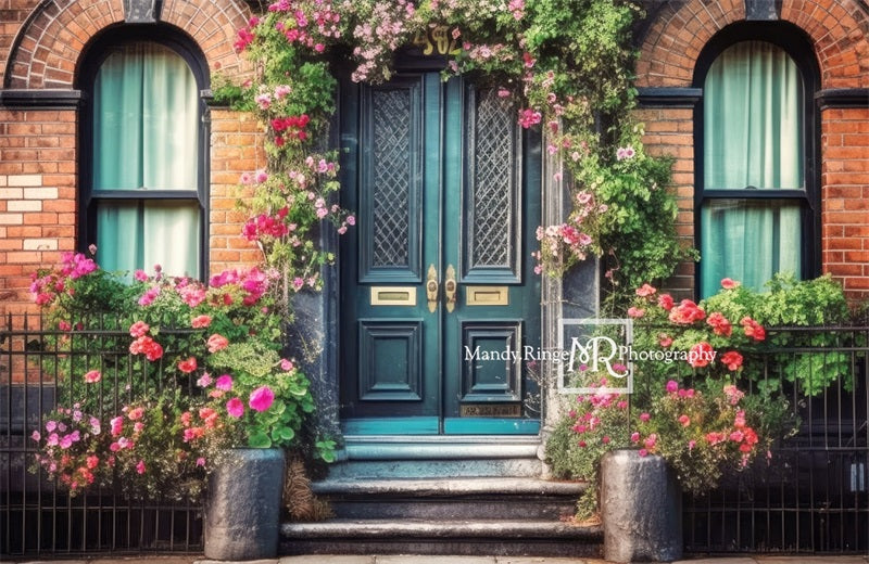 Kate Colorful Spring Backdrop Flowers Teal Door Designed by Mandy Ringe Photography - Kate Backdrop AU