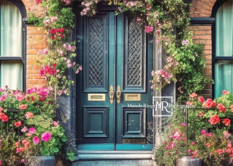 Kate Colorful Spring Backdrop Flowers Teal Door Designed by Mandy Ringe Photography - Kate Backdrop AU
