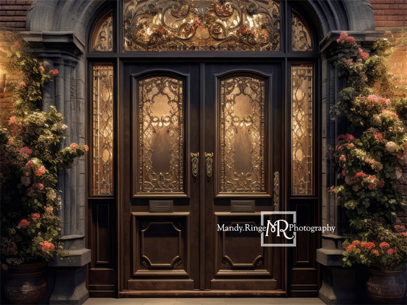 Kate Ornate Front Door Flowers Night Backdrop Designed by Mandy Ringe Photography - Kate Backdrop AU