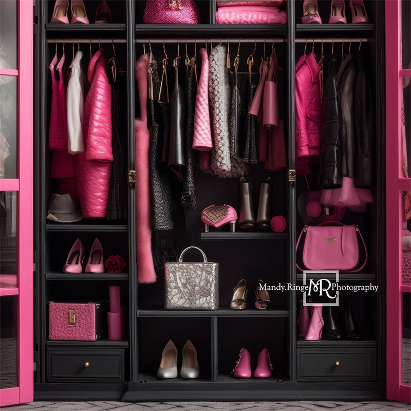 Kate Pink Black Doll Closet Backdrop Designed by Mandy Ringe Photography - Kate Backdrop AU