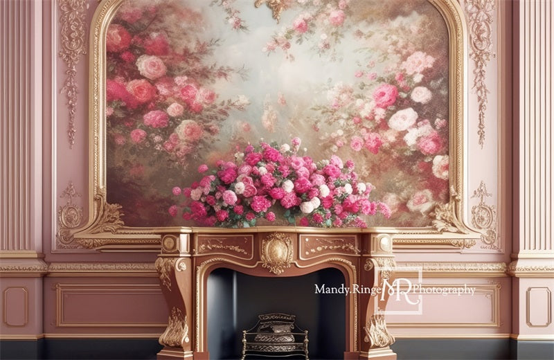 Kate Pink Gold Floral Victorian Fireplace Backdrop Designed by Mandy Ringe Photography - Kate Backdrop AU