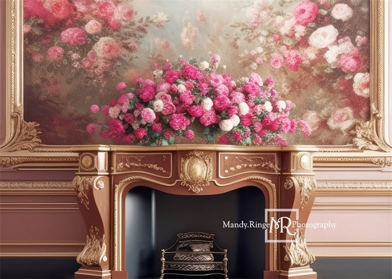 Kate Pink Gold Floral Victorian Fireplace Backdrop Designed by Mandy Ringe Photography - Kate Backdrop AU