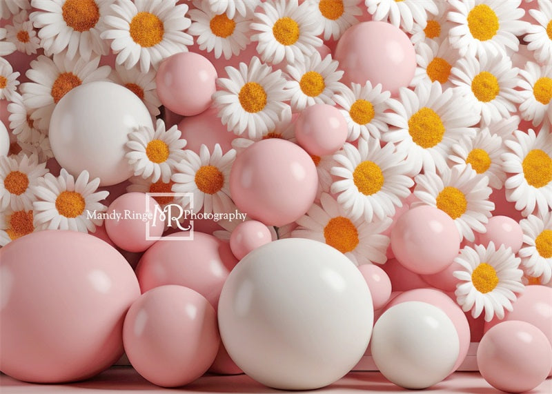 Kate Pink White Balloon Daisies Backdrop Designed by Mandy Ringe Photography - Kate Backdrop AU