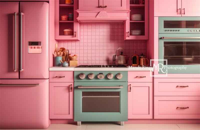 Kate Pink Dollhouse Kitchen Backdrop Designed by Mandy Ringe Photography - Kate Backdrop AU