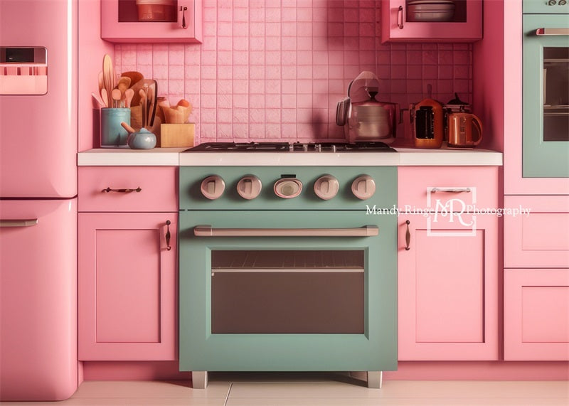 Kate Pink Dollhouse Kitchen Backdrop Designed by Mandy Ringe Photography - Kate Backdrop AU