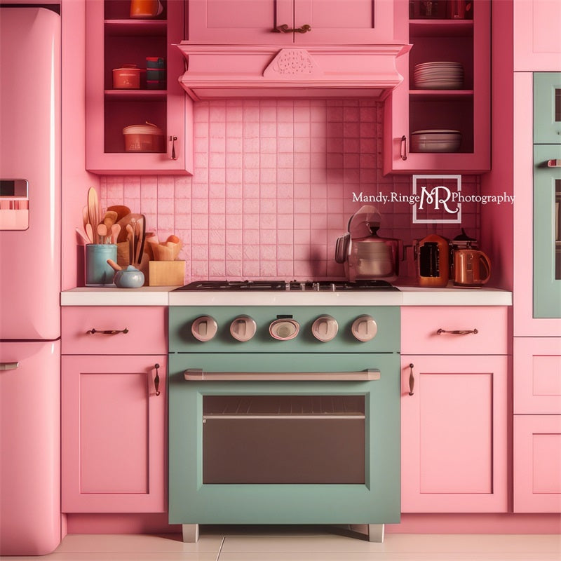 Kate Pink Dollhouse Kitchen Backdrop Designed by Mandy Ringe Photography - Kate Backdrop AU