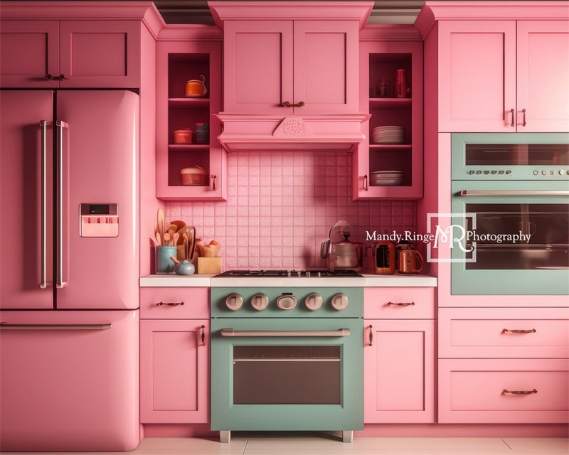 Kate Pink Dollhouse Kitchen Backdrop Designed by Mandy Ringe Photography - Kate Backdrop AU