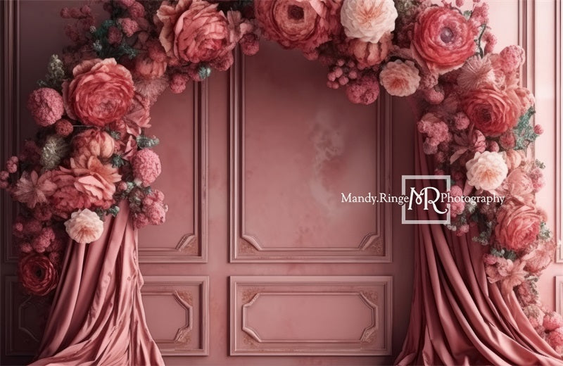 Kate Pink Floral Arch Wall Fabric Backdrop Designed by Mandy Ringe Photography