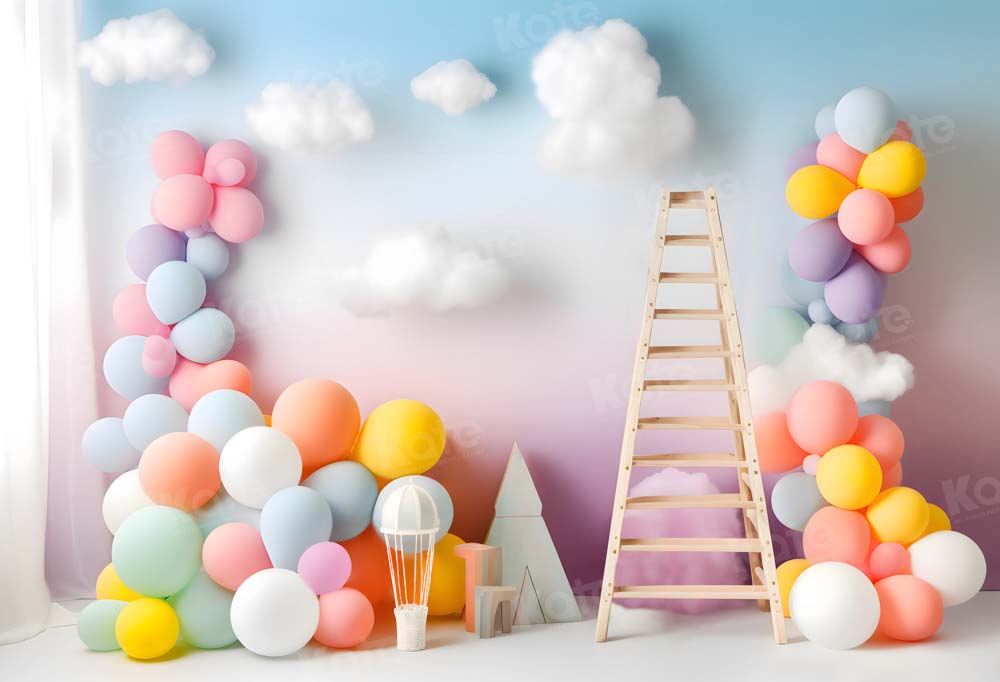 Kate Cloud Cake Smash Balloon Birthday Ladder Backdrop Designed by Chain Photography