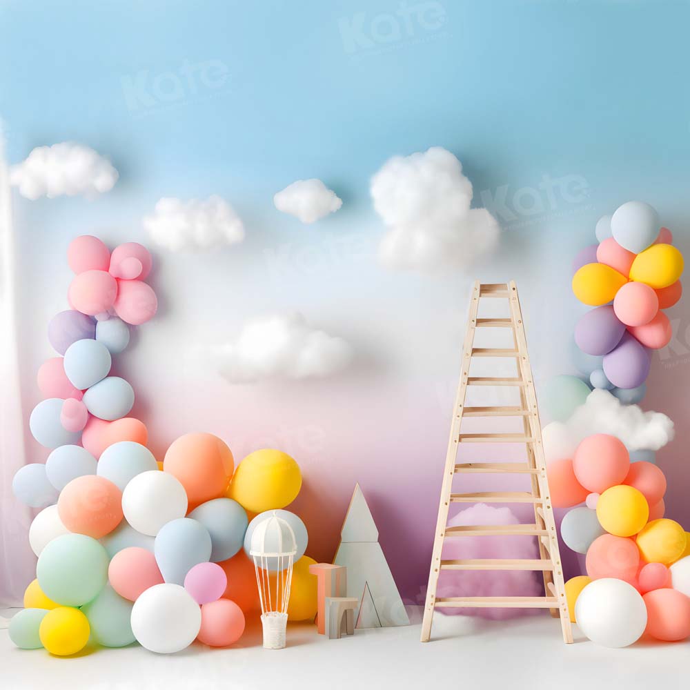 Kate Cloud Cake Smash Balloon Birthday Ladder Backdrop Designed by Chain Photography