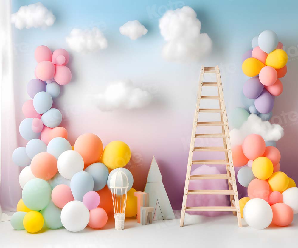 Kate Cloud Cake Smash Balloon Birthday Ladder Backdrop Designed by Chain Photography