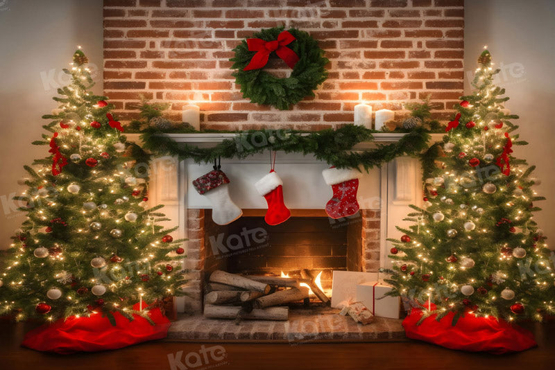 Kate Christmas Fireplace Socks Backdrop for Photography - Kate Backdrop AU