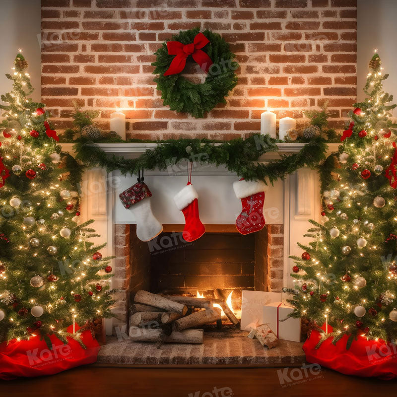 Kate Christmas Fireplace Socks Backdrop for Photography - Kate Backdrop AU