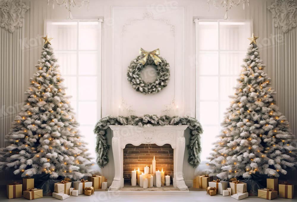 Kate Christmas Tree Window Candles Fireplace Backdrop Designed by Chain Photography