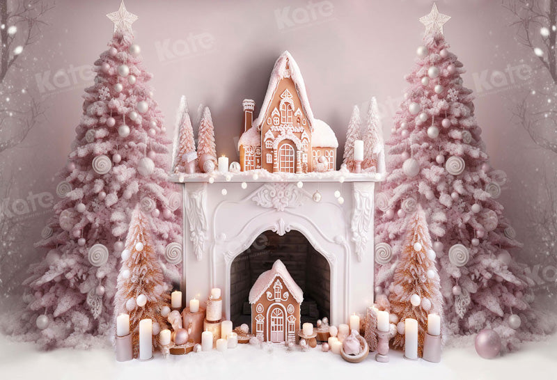 Kate Pink Gingerbread House Fireplace Backdrop for Photography