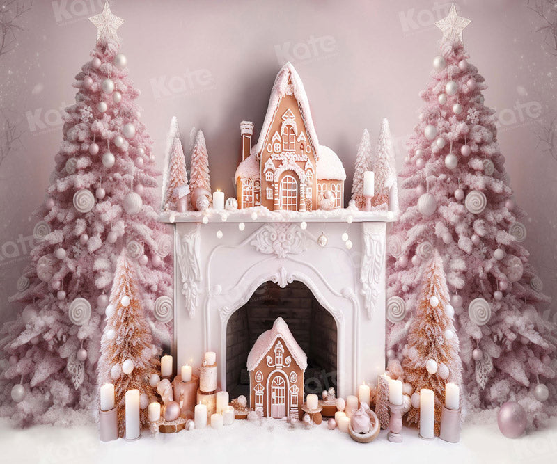 Kate Pink Gingerbread House Fireplace Backdrop for Photography