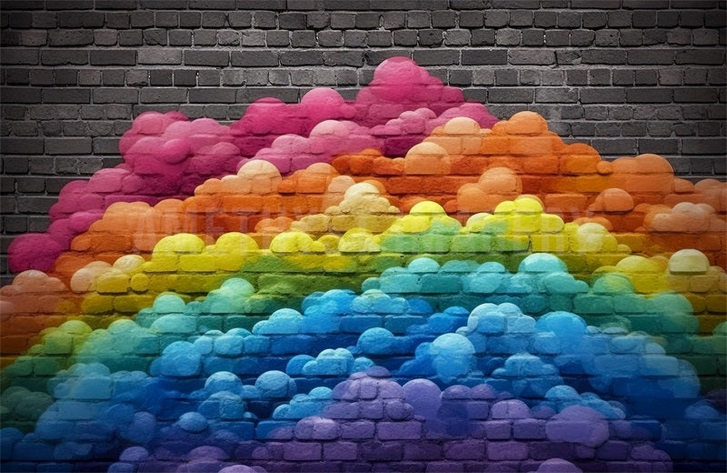 Kate Brick Wall Rainbow Backdrop Painted Clouds Designed by Angela Marie Photography