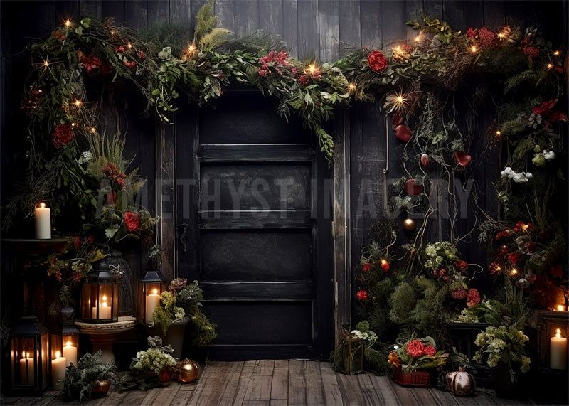 Kate Christmas Holly Black Door Backdrop Designed by Angela Marie Photography - Kate Backdrop AU