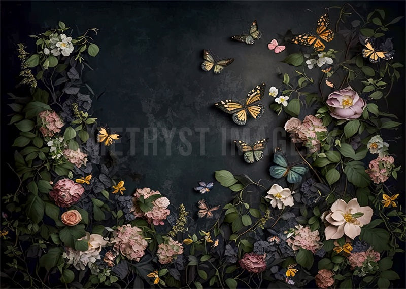 Kate Dark Floral Butterflies Backdrop Designed by Angela Marie Photography