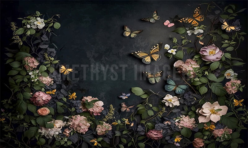Kate Dark Floral Butterflies Backdrop Designed by Angela Marie Photography