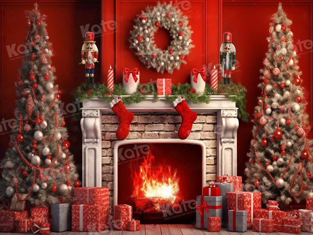 Kate Red Christmas Tree Fireplace Backdrop Designed by Chain Photography
