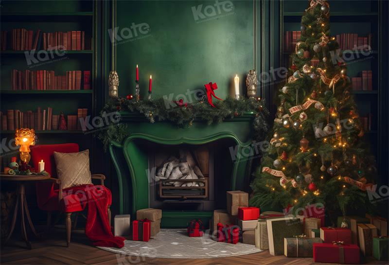 Kate Green Fireplace Backdrop Christmas Tree Bookshelf for Photography - Kate Backdrop AU