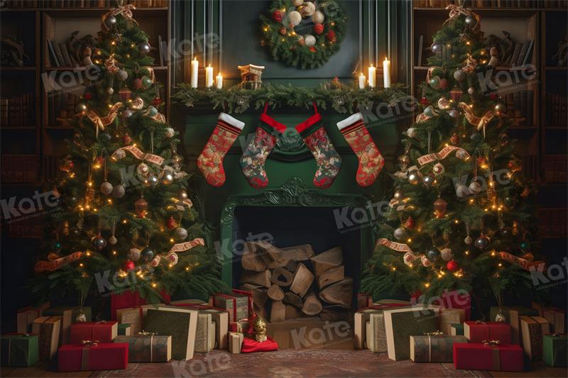 Kate Green Fireplace Christmas Tree Backdrop for Photography
