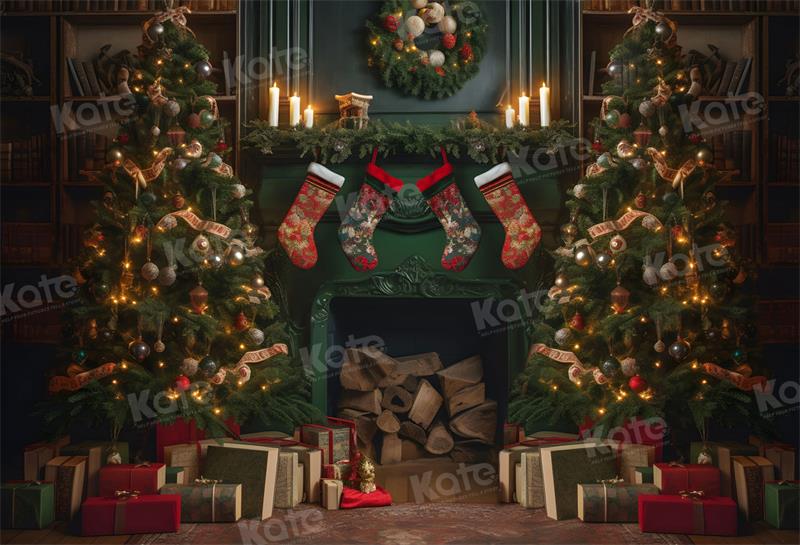 Kate Green Fireplace Christmas Tree Backdrop for Photography