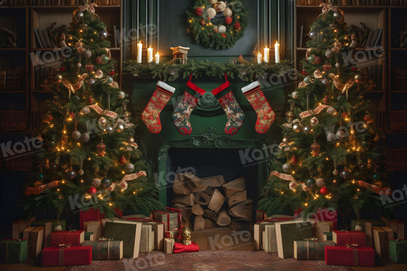 Kate Green Fireplace Christmas Tree Backdrop for Photography