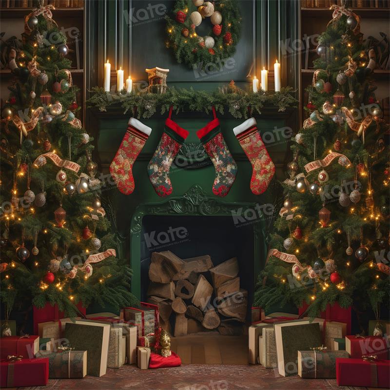 Kate Green Fireplace Christmas Tree Backdrop for Photography