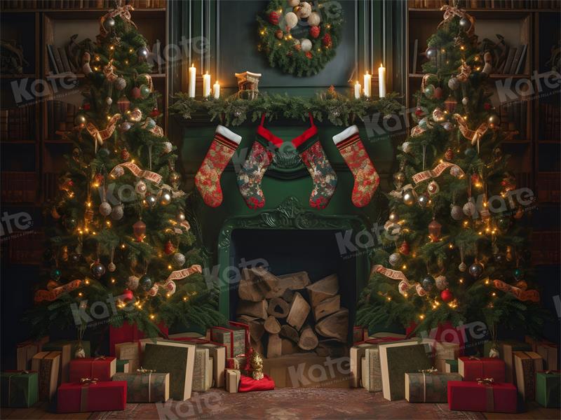 Kate Green Fireplace Christmas Tree Backdrop for Photography