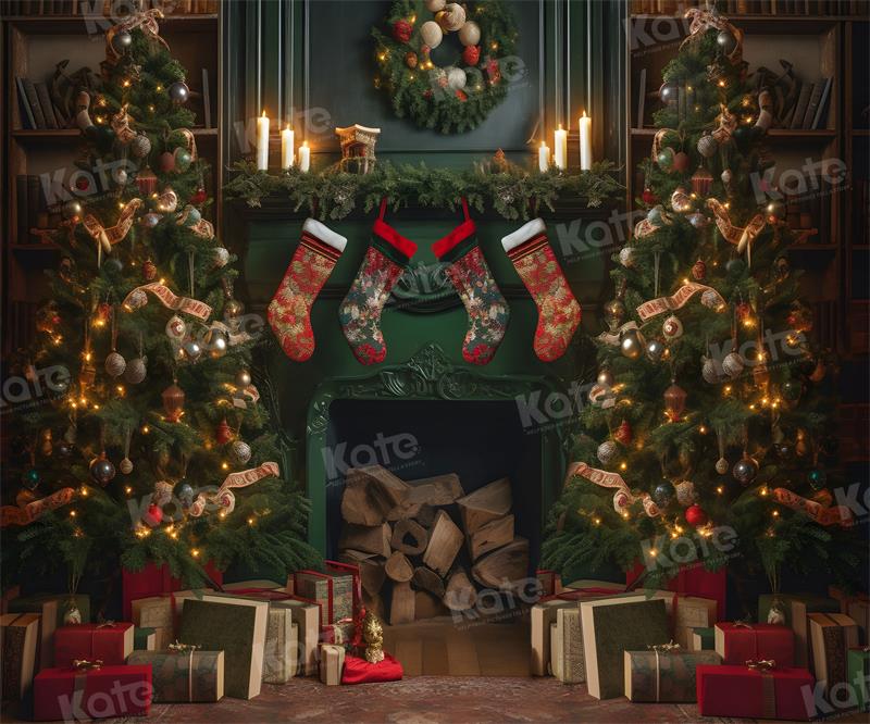 Kate Green Fireplace Christmas Tree Backdrop for Photography